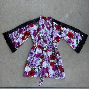 Victoria secret Floral Satin Robe with Black Lace Trim - Purple & Red